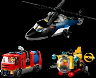 Helikopter, brandweerauto en onderzeeër remix LEGO-set