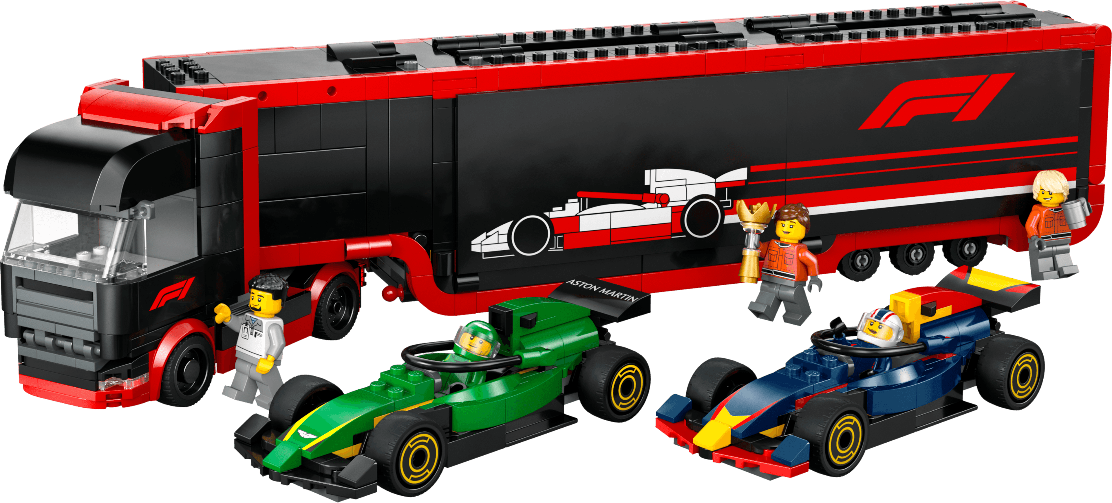 F1 truck met RB20 en AMR24 F1 auto's LEGO-set