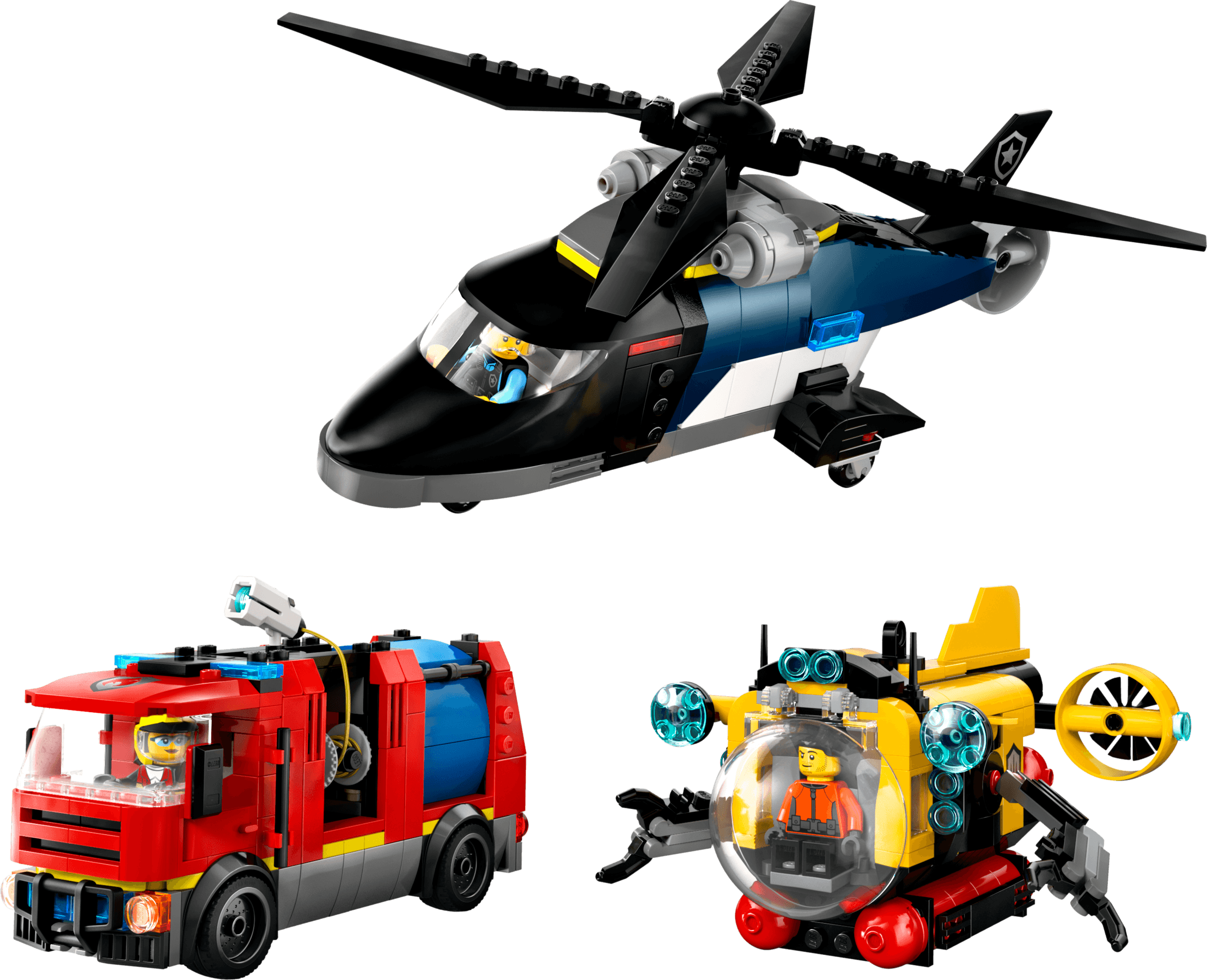 Helikopter, brandweerauto en onderzeeër remix LEGO-set