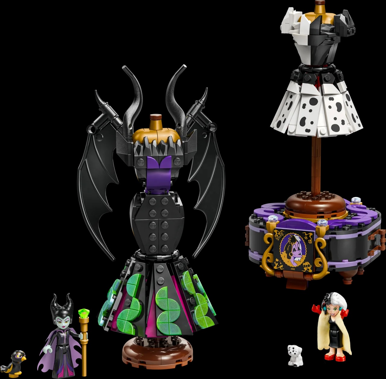 De jurken van Maleficent en Cruella De Vil LEGO-set