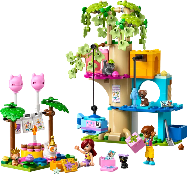 Kattenverjaardagsfeestje en boomhut LEGO-set