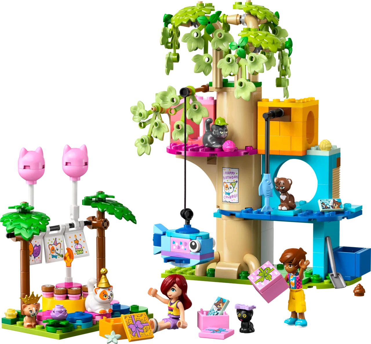 Kattenverjaardagsfeestje en boomhut LEGO-set