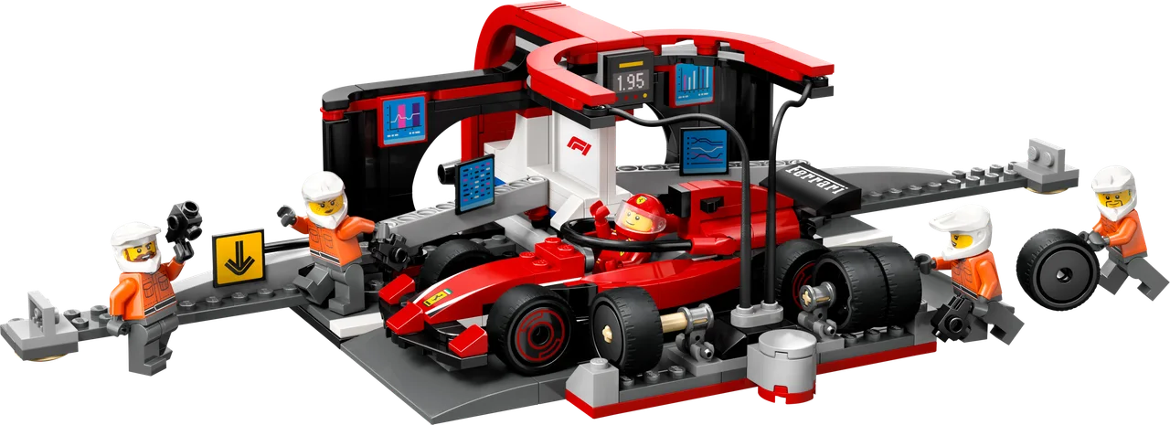 F1 pitstop en pitcrew met Ferrari auto LEGO-set