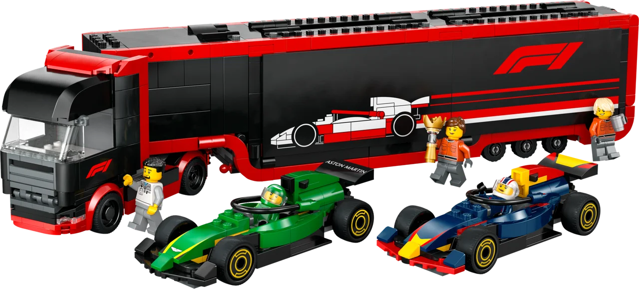 F1 truck met RB20 en AMR24 F1 auto's LEGO-set