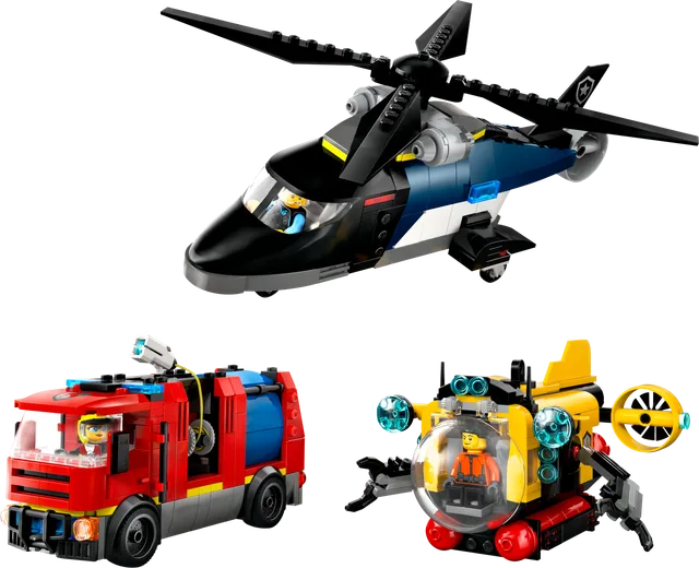 Helikopter, brandweerauto en onderzeeër remix LEGO-set