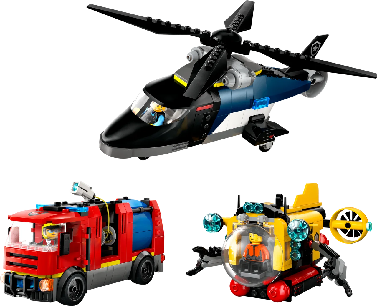 Helikopter, brandweerauto en onderzeeër remix LEGO-set